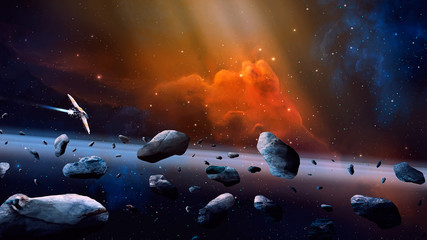 Space scene. Coloful nebula with spaceship and asteroids. Elements furnished by NASA. 3D rendering