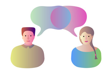 Man woman chatting dialog communication concept. Modern liquid gradient flat fluid speech bubbles shapes. Could be used for blogs, social media, advertising, web design. Vector illustration