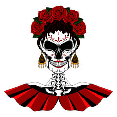 Vector image of a mexican female skull with a wreath of roses. Color image on white background.
