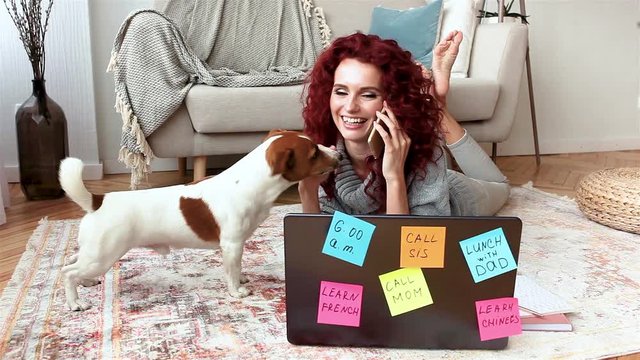 Young attractive woman tlking on the phone and playing with her pet. Woman typing on the laptop. Lady and her dog indoor.