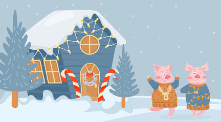 Christmas and Happy New Year greeting card. Happy pig dancing near the snowy house. Vector illustration for postcard, poster, cover. 