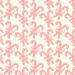 Hand Drawn Christmas or Xmas Sweets Seamless Pattern for Holiday Scrapbooking or Gift Wrapping Papers. Xmas Texture with Pepprmint Candy Cane Stick with Bow for 2019 New year