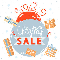 Fototapeta premium Christmas shopping. Christmas and Happy New Year sales poster. Sale illustration with Christmas tree toy and gifts. Vector illustration.