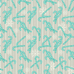 Hand Drawn Christmas or Xmas Sweets Seamless Pattern for Holiday Scrapbooking or Gift Wrapping Papers. Xmas Texture with Pepprmint Candy Cane Stick with Bow, Snowflakes for 2019 New year