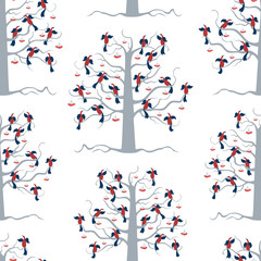 Seamless background of rowan trees with birds