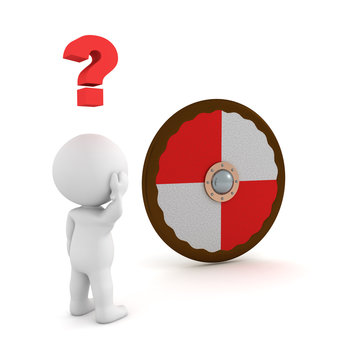 3D Character looking confused at viking shield