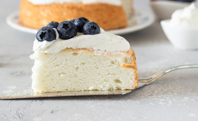 Angel food cake with whipped cream and fresh blueberries. 