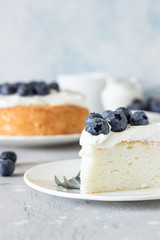 Angel food cake with whipped cream and fresh blueberries. 
