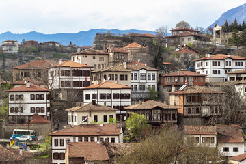 Fototapeta na wymiar Clean perspective wide photo of old town situated on the hill in Safranbolu, Turkey