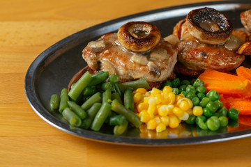 Close up of delicious food on wooden table.
