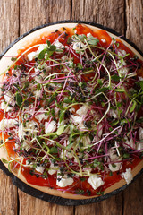 Dietary vegetarian pizza with feta and fresh mix micro green close-up. Vertical top view