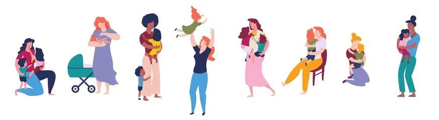 Foto op Plexiglas Multicultural group of mothers with kids collection. Women and children figures. Flat color illustration. © radoma