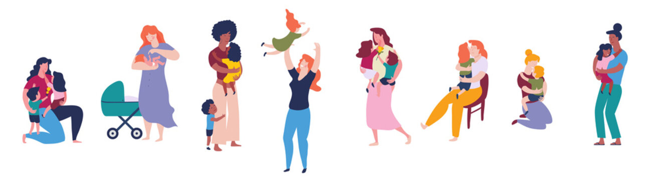Multicultural group of mothers with kids collection. Women and children figures. Flat color illustration.