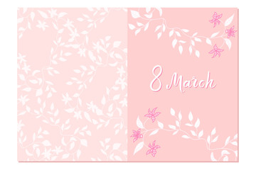 Gentle pink greeting card with hand written lettering and floral pattern. 8 march happy women's day quote. Soft postcard template. illustration