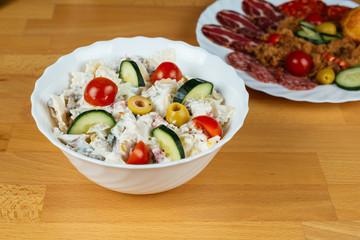 Close up of delicious food on wooden table.