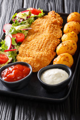 Delicious fried fillet of white fish in breading with a side dish of new potatoes and fresh vegetable salad close-up on a plate on the table. vertical