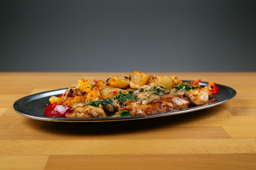 Close up of delicious food on wooden table.