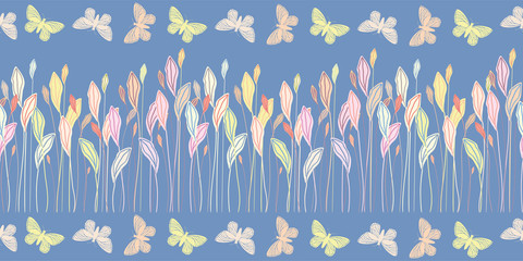 Hand drawn pastel meadow leaves and butterflies in border design. Seamless vector pattern on blue background. Great for baby, children and wellness products, fabric, packaging, stationery, home decor