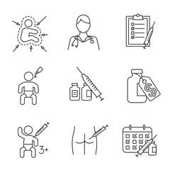 Vaccination and immunization linear icons set