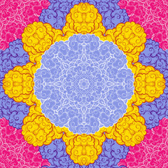 Colorful clouds hand drawn seamless pattern. Multicolor abstract texture. Yellow, blue, pink swirls drawing. Clouds, smoke chinese art sketch. Textile, wrapping paper, background vector illustration