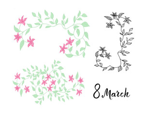 Set of floral decorative elements and  hand written calligraphic phrase 8 march. Branch of flowers.  illustration