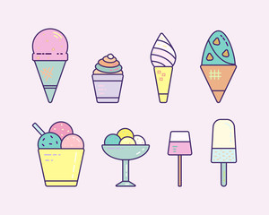 Set of sundae colorful icons line ice cream. Cute hand drawn different types of ice cream. Collection of sweet desserts for cafe or restaurant menu. illustration