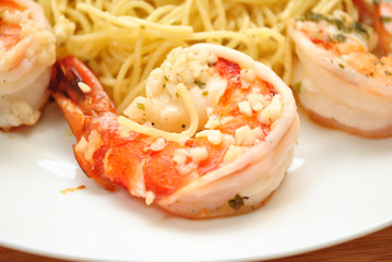 Close Up of Jumbo Tiger Shrimp Scampi & Pasta