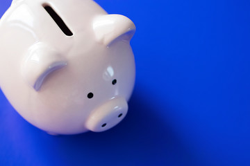 Pink piggy bank on bright blue background.