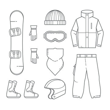 The vector monochrome set of equipment for snowboarding. Clothing and accessories. Outline style