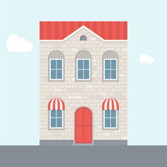 Two-storey house. Brick house with red roof. Flat house. Apartment house. House with shop