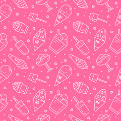 Cute hand drawn pink seamless pattern with different types of ice cream. Endless texture with sweet desserts for cafe or restaurant menu, wrapping paper, fabric, wallpaper.  illustration