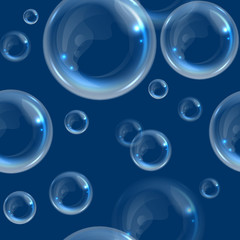 Seamless pattern with realistic transparent floating soap bubbles. Design element for advertising booklet, flyer or poster