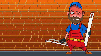 cartoon man in red jumpsuit with tools for plaster wall