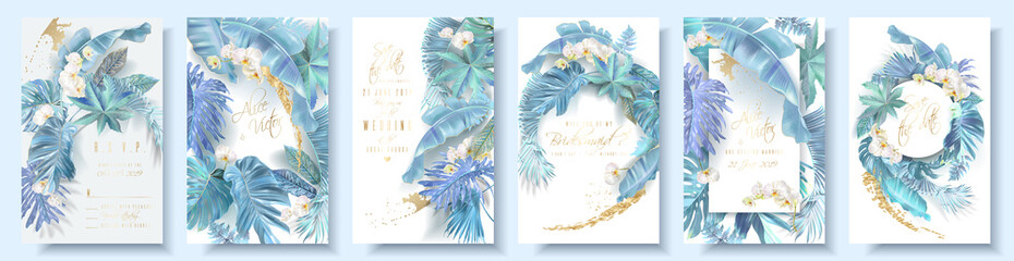 Vector vertical wedding invitation card set with light blue tropical leaves and orchid flowers. Save the date and R.S.V.P. botany design for wedding ceremony. Can be used for cosmetics, beauty salon - 261287613