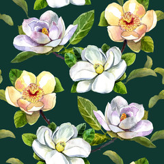 Fototapeta premium watercolor pattern magnolia flowers, white magnolia, pink and yellow magnolia seamless vintage pattern