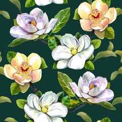 watercolor pattern magnolia flowers, white magnolia, pink and yellow magnolia seamless vintage pattern