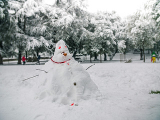 Failed ugly snowman attempt in park covered in snow