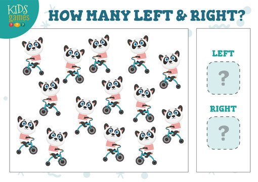 How many left and right cartoon panda on bicycle kids counting game vector illustration