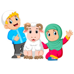 the girl and her father are holding the big white sheep