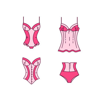 Female underwear vector set. Four types of seductive lingerie. Slimming corset, corsets panties and body. The combination of dress with bra or baby doll.