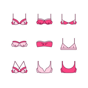 Female underwear vector set. Lingerie set. 9 different types of bra