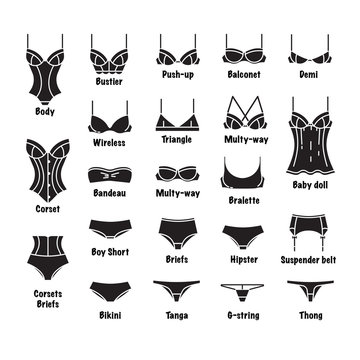 Female underwear big vector set. Different types of underwear. Black and white collection with captions