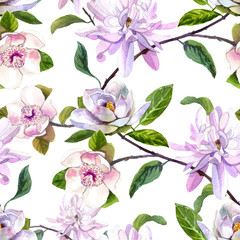 watercolor pattern magnolia flowers, white magnolia, pink and yellow magnolia seamless vintage pattern