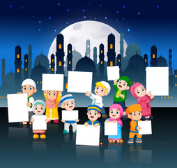 the children are holding their blank banner in night city