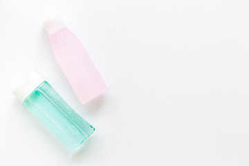 skin care cosmetics with facial tonic, mycelial water on white background top view mockup