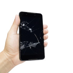 Man holding a Broken Smartphone and touch screen damage broken isolated on a white background.