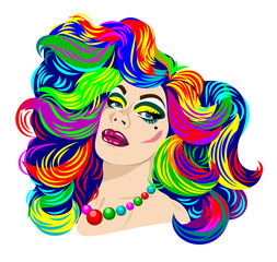 Portrait of a transvestite in bright make-up and with multi-colored hair
