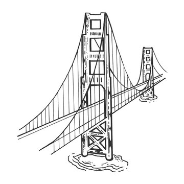 Golden Gate Bridge sketch engraving vector illustration. Scratch board style imitation. Black and white hand drawn image.