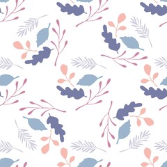 Branches and leaves vector seamless pattern on white background.