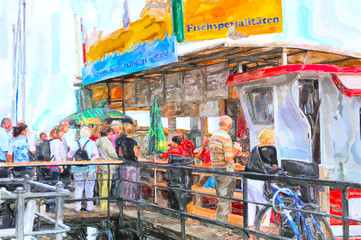 Illustration of fish burger market stall on a ship in Warnemunde Baltic sea.